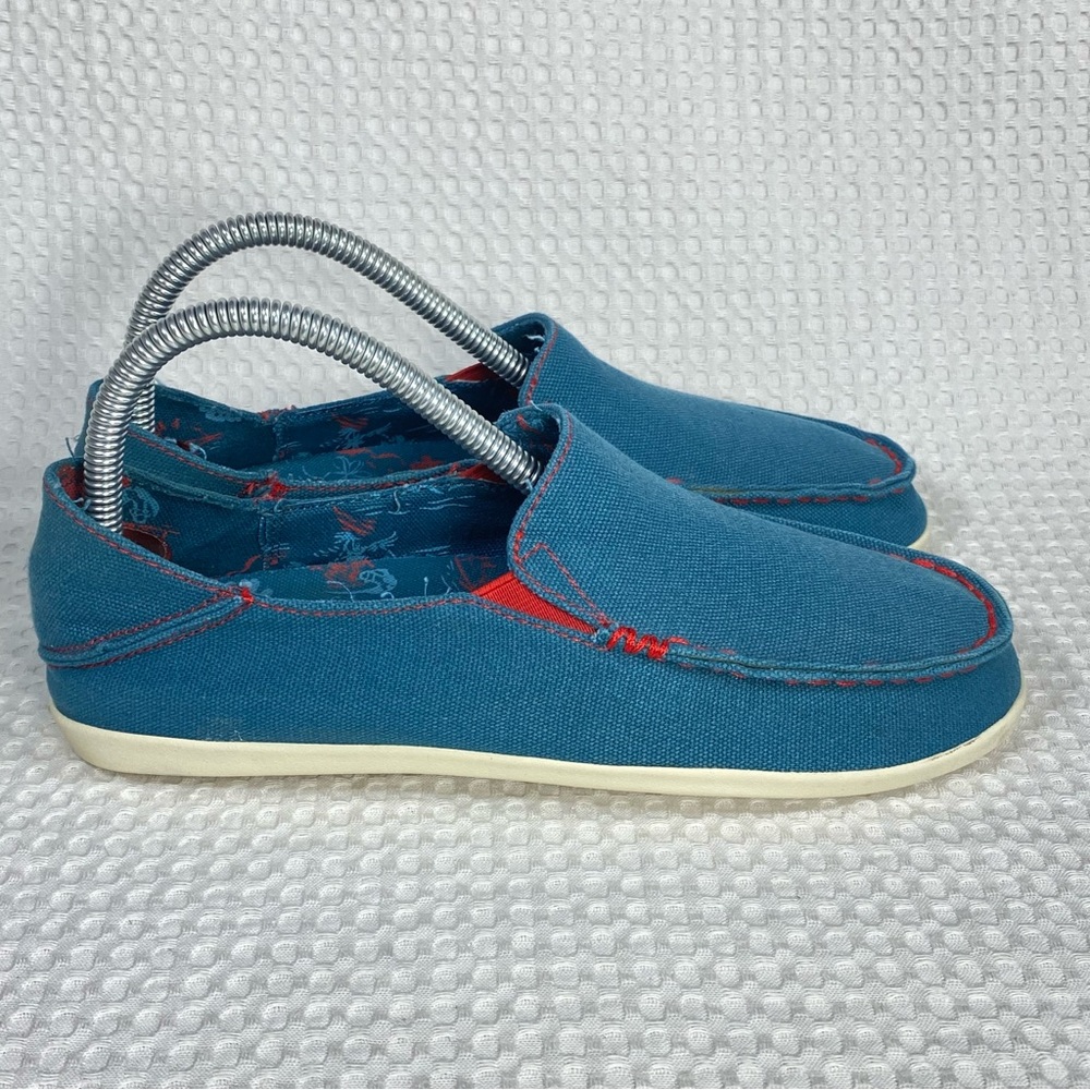 Olukai Nohea Canvas Teal/ Red Floral Hawaiian Casual Slip On Shoes; Women’s 7.5